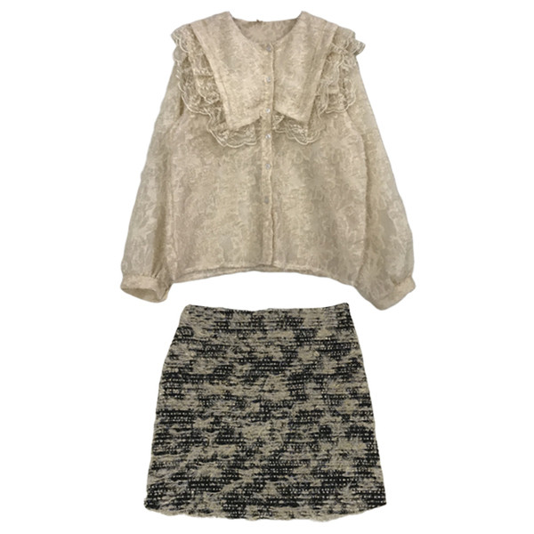 Két részből álló női szett - csipke ing gombokkal + szoknya