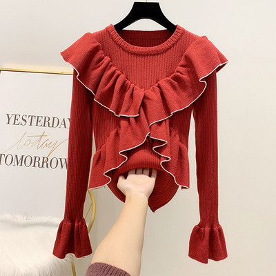 Modern női pulóver kerek nyakkivágással és lótusz ujjakkal