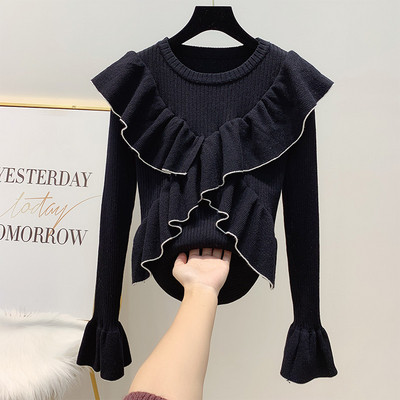 Modern női pulóver kerek nyakkivágással és lótusz ujjakkal