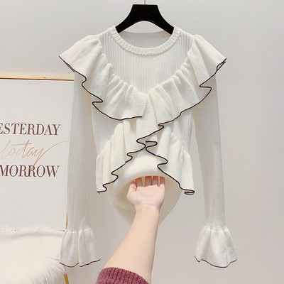 Modern női pulóver kerek nyakkivágással és lótusz ujjakkal