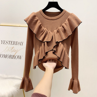 Modern női pulóver kerek nyakkivágással és lótusz ujjakkal