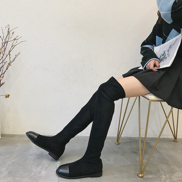 Cizme lungi deasupra genunchiului din piele intoarsa ecologica de culoare neagra