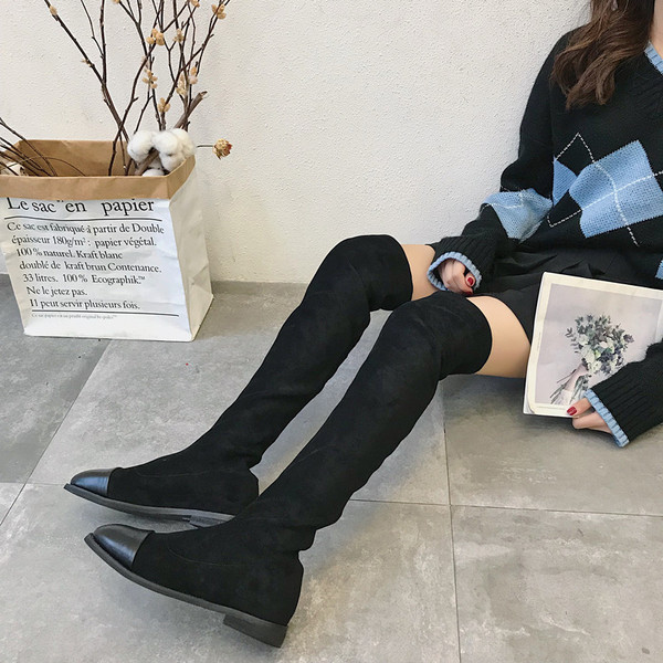 Cizme lungi deasupra genunchiului din piele intoarsa ecologica de culoare neagra