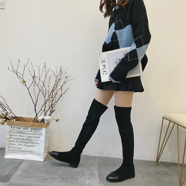 Cizme lungi deasupra genunchiului din piele intoarsa ecologica de culoare neagra