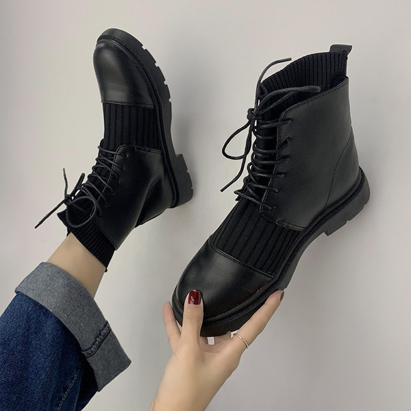 Cizme casual dama din piele ecologica si material textil cu sireturi