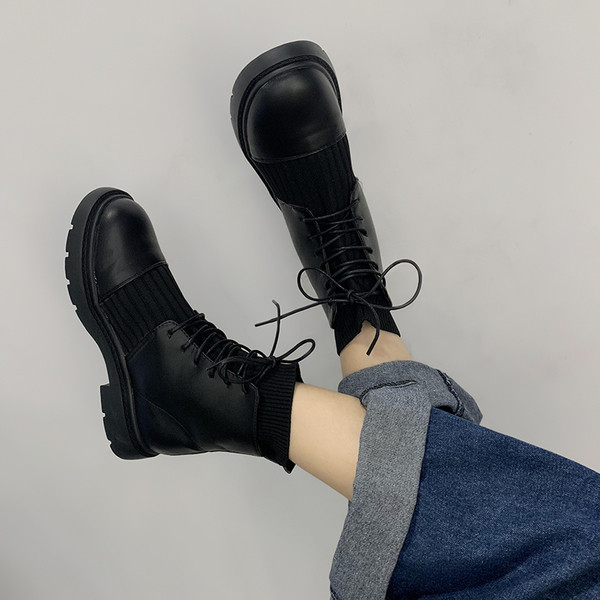 Cizme casual dama din piele ecologica si material textil cu sireturi