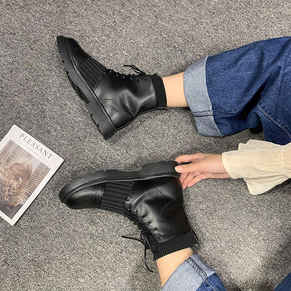 Cizme casual dama din piele ecologica si material textil cu sireturi