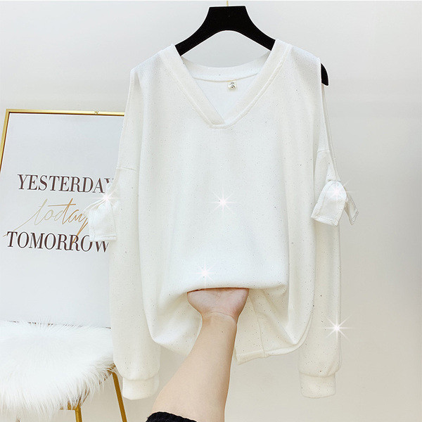 Pulover de dama cu efect stralucitor si panglica alb-negru