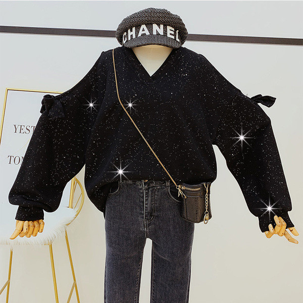 Pulover de dama cu efect stralucitor si panglica alb-negru