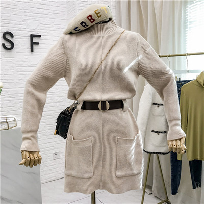 Női kötött ruha polo gallérral, övvel és zsebekkel több színben