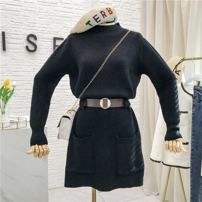 Női kötött ruha polo gallérral, övvel és zsebekkel több színben