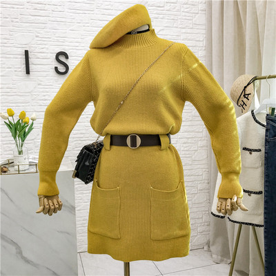 Női kötött ruha polo gallérral, övvel és zsebekkel több színben