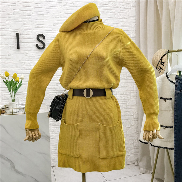 Női kötött ruha polo gallérral, övvel és zsebekkel több színben