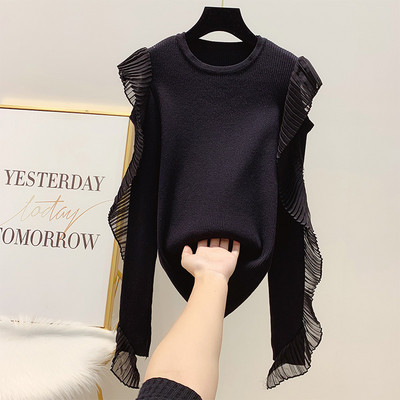 Pulover de dama modern cu tul pe maneca si decolteu rotund