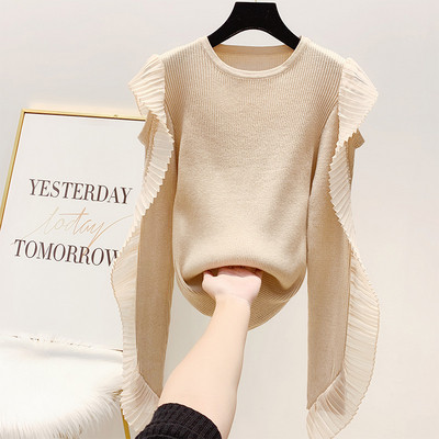 Pulover de dama modern cu tul pe maneca si decolteu rotund