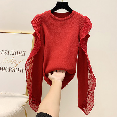 Pulover de dama modern cu tul pe maneca si decolteu rotund