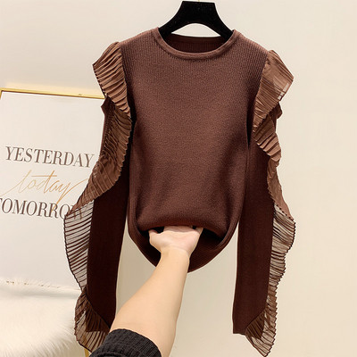 Pulover de dama modern cu tul pe maneca si decolteu rotund