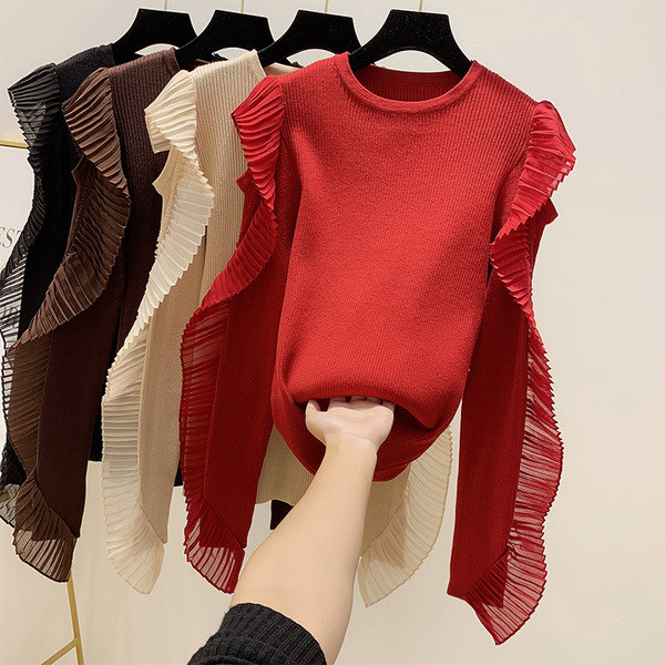 Pulover de dama modern cu tul pe maneca si decolteu rotund