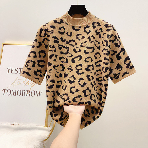 Pulover de dama cu maneci scurte si model leopard