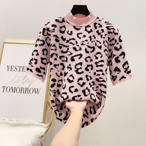 Pulover de dama cu maneci scurte si model leopard