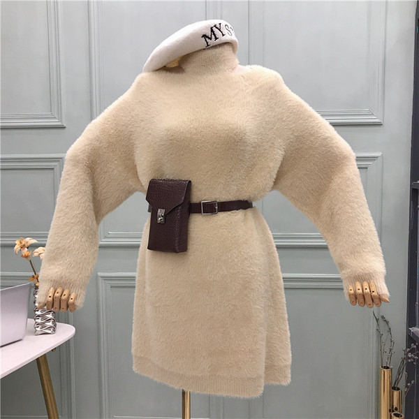 Rochie de dama cu guler polo, decupaje si maneci largi si geanta cu curea in mai multe culori