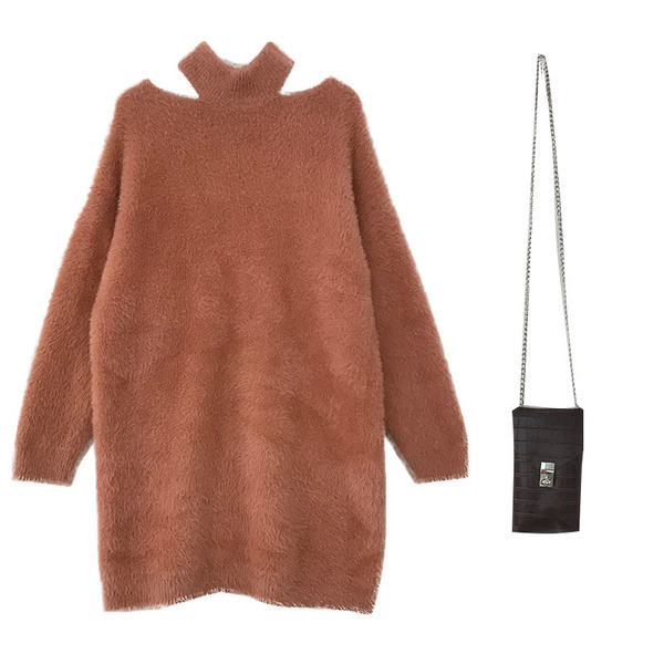 Rochie de dama cu guler polo, decupaje si maneci largi si geanta cu curea in mai multe culori