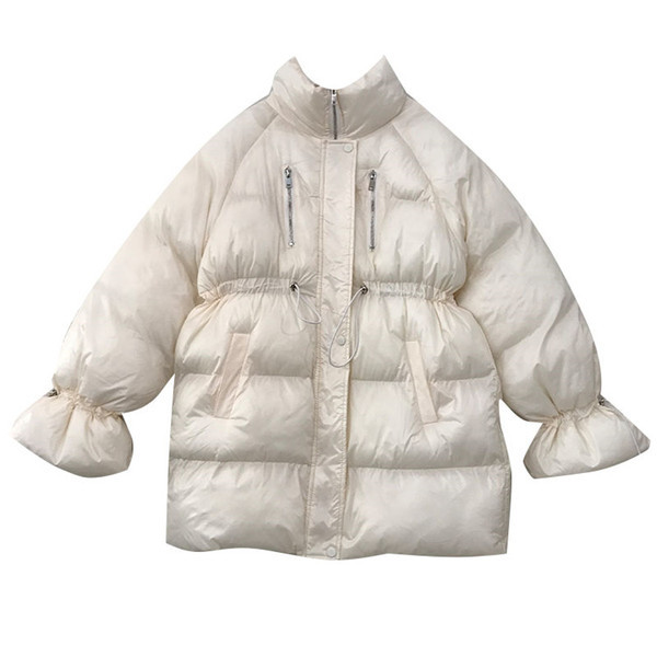 Geaca de iarna de dama cu guler polo inalt si fermoar in alb si negru