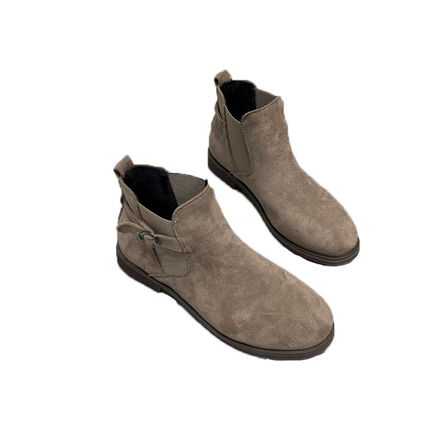 Cizme de dama din piele intoarsa ecologica cu catarama in culorile gri, bej si negru