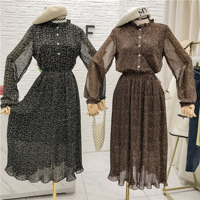 Rochie de dama din sifon cu buline cu nasturi in maro si negru