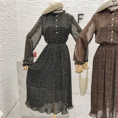 Női sifon pöttyös ruha barna és fekete gombokkal