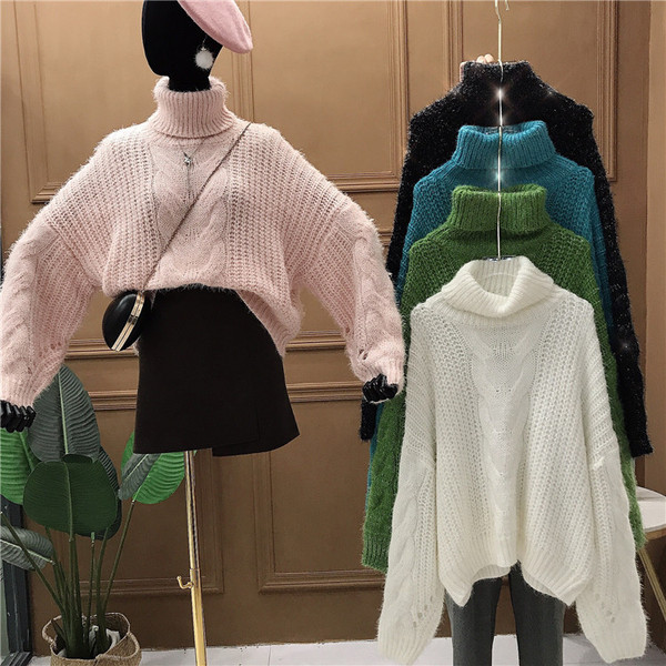 Pulover de dama tricotat cu guler inalt si maneci late in mai multe culori