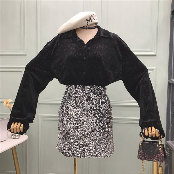 Set de dama model nou camasa din doua piese cu guler clasic + fusta cu paiete