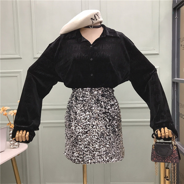 Set de dama model nou camasa din doua piese cu guler clasic + fusta cu paiete