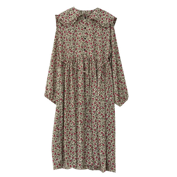 Modern női ruha virágos motívumokkal és gombokkal fekete, zöld és bézs színben