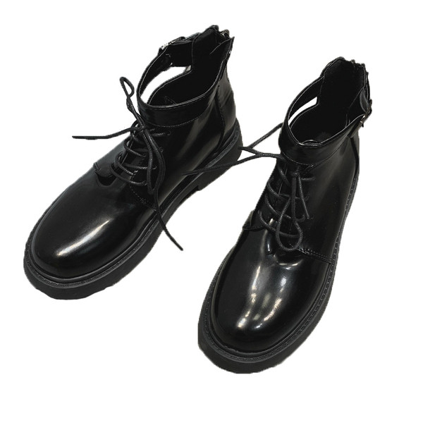 Női lakkcsizma csattal és fűzős fekete színben