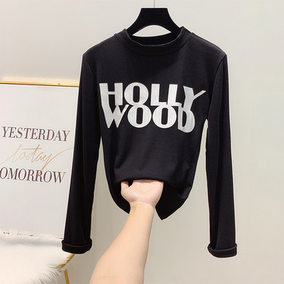 Női blúz kerek nyakkivágással, HOOLLYWOOD felirattal, négy színben