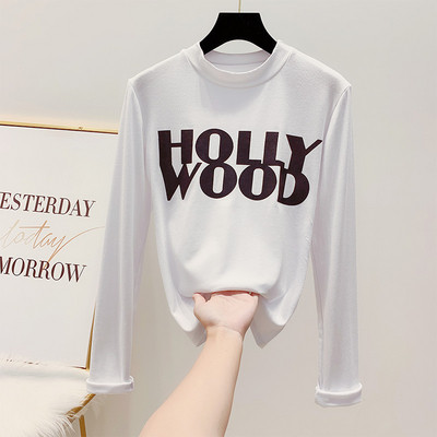 Női blúz kerek nyakkivágással, HOOLLYWOOD felirattal, négy színben