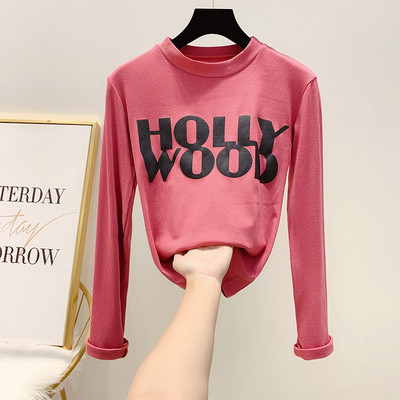 Női blúz kerek nyakkivágással, HOOLLYWOOD felirattal, négy színben