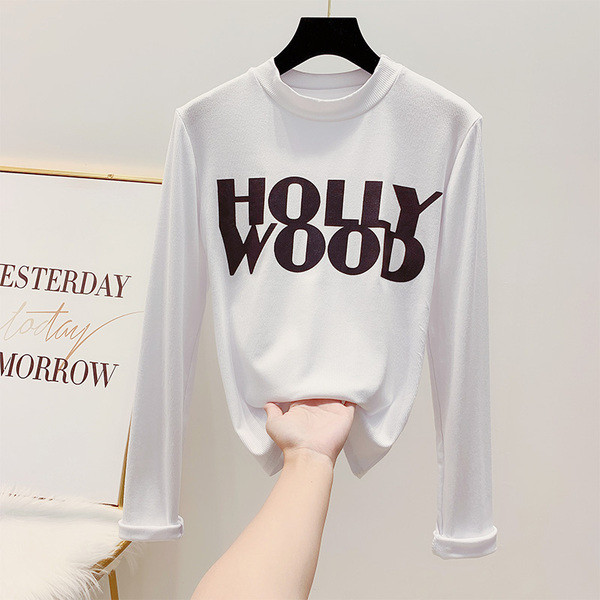 Női blúz kerek nyakkivágással, HOOLLYWOOD felirattal, négy színben