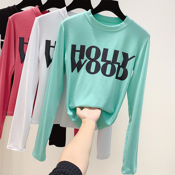 Női blúz kerek nyakkivágással, HOOLLYWOOD felirattal, négy színben