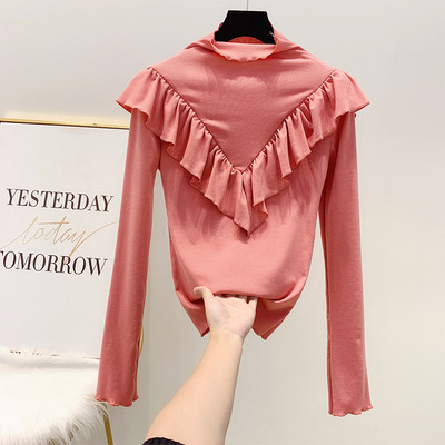 Női blúz fürtökkel és pólógallérral, fehér, fekete, barna és rózsaszín színben