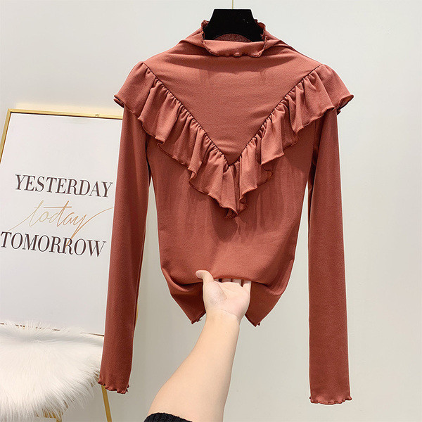 Női blúz fürtökkel és pólógallérral, fehér, fekete, barna és rózsaszín színben