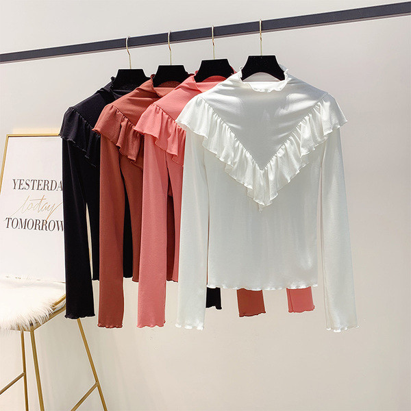 Női blúz fürtökkel és pólógallérral, fehér, fekete, barna és rózsaszín színben