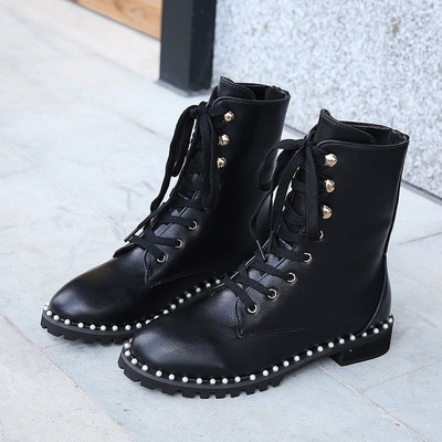 Ghete de dama moderne din piele ecologica cu sireturi si decor - perle, doua modele