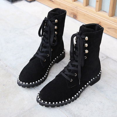 Ghete de dama moderne din piele ecologica cu sireturi si decor - perle, doua modele