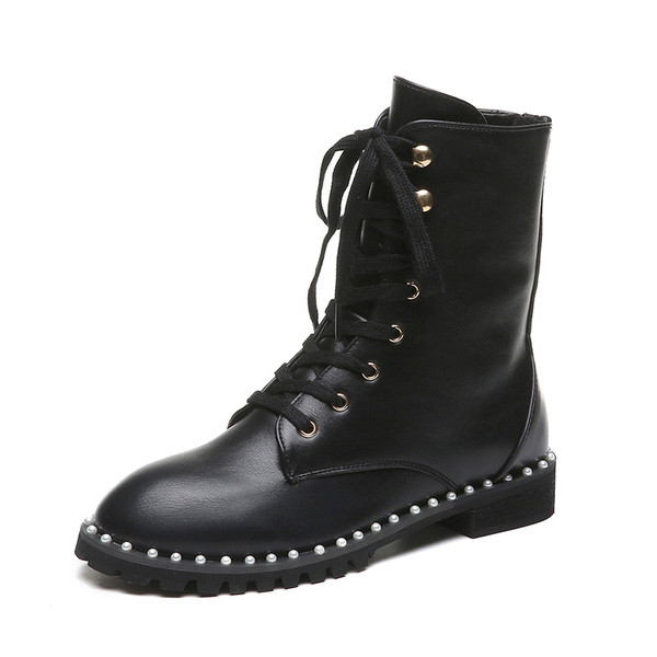 Ghete de dama moderne din piele ecologica cu sireturi si decor - perle, doua modele