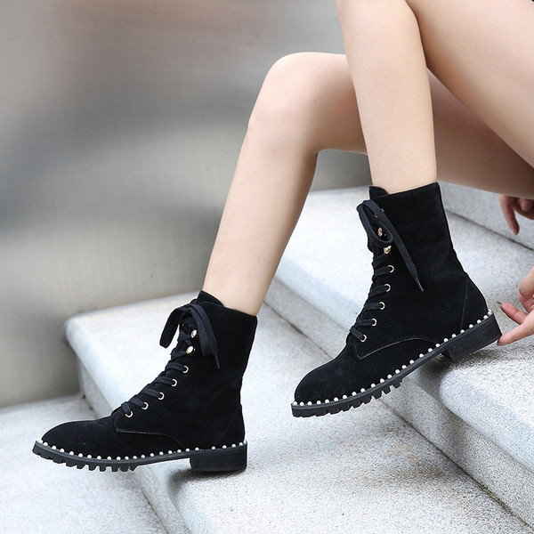 Ghete de dama moderne din piele ecologica cu sireturi si decor - perle, doua modele