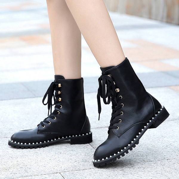 Ghete de dama moderne din piele ecologica cu sireturi si decor - perle, doua modele