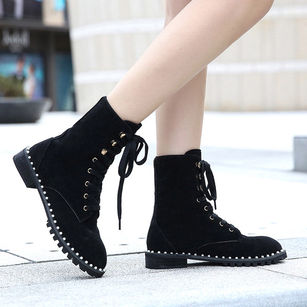 Ghete de dama moderne din piele ecologica cu sireturi si decor - perle, doua modele