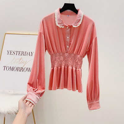 Modern női bársony ing gallérral, rózsaszín és fekete színben